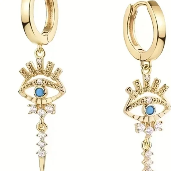 Gold and Turquoise Evil Eye Drop Earrings - Picture 2 of 4
